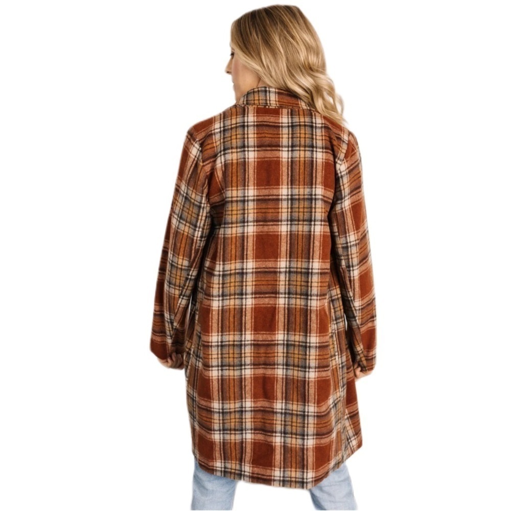 Women's Copper Orange Plaid Preppy Lapel Collar Long Blazer Jacket Size Small - Picture 3 of 8